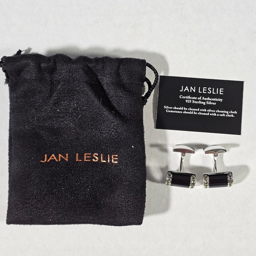 Jan Leslie Cufflinks Mens OS Black Onyx 925 Sterling Silver Pyramid‎ Stud Barrel - Picture 5 of 5